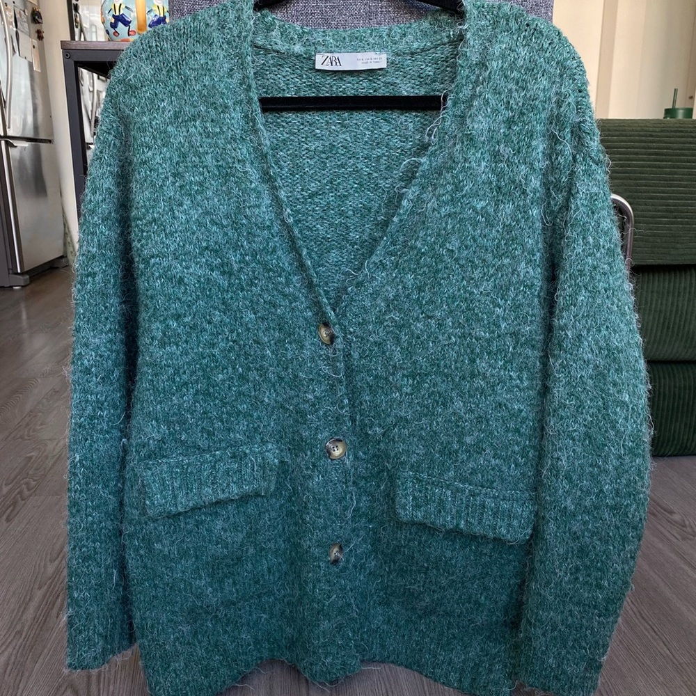 Zara Teal Cozy V‑Neck Button Cardigan